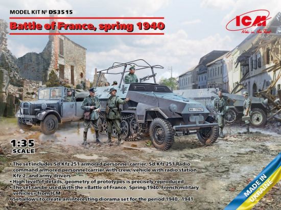 Picture of 1/35 Battle of France, spring 1940. German combat vehicles (Sd.Kfz.251/1 Ausf.A, Sd.Kfz.251/6 Ausf.A, le.gl.Einheitz-Pkw Kfz.2, German Drivers (1939-1945)) - ICM DS3515