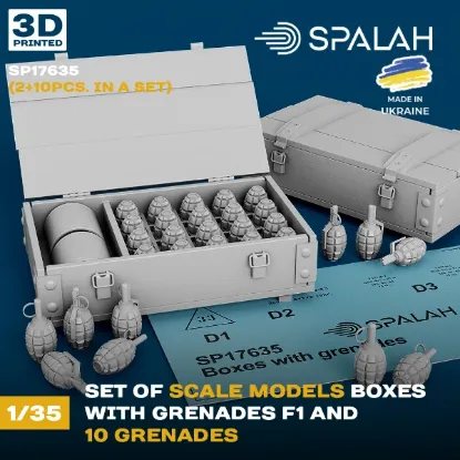 Picture of 1/35 Set of scale models "Boxes with grenades F1 (2 psc.) and 10 Grenades". - Spalah Models SP17635