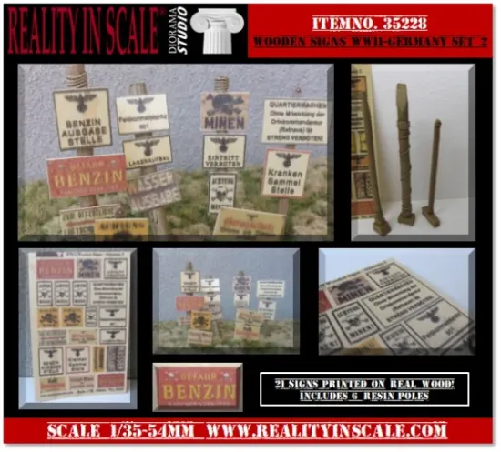 Picture of 1/35 Wooden Signs WWII Germany Set 2 – 21 Signs and 6 Resin Poles - Reality in Scale 35228