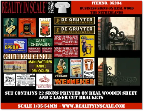 Picture of 1/35 Business Signs on Real Wood – The Netherlands – 22 Signs with Laser-Cut Brackets - Reality in Scale 35234