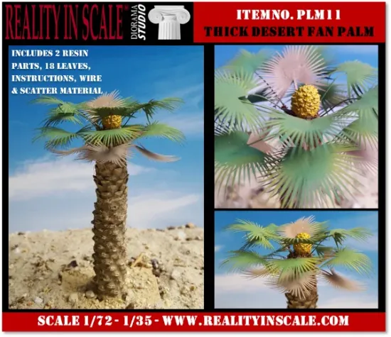 Picture of 1/35 Thick Desert Fan Palm – Resin Trunk with Palm Flower and 18 Polyurethane Leaves – 12cm Finished Height - Reality in Scale PLM11
