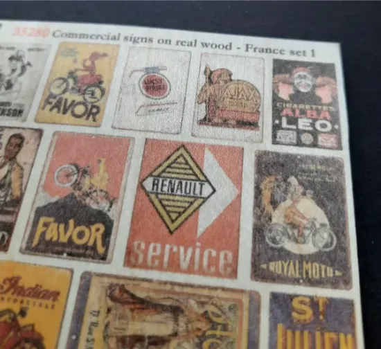 Picture of 1/35 Commercial Signs on Real Wood – France Set 1 – Sheet 9.5×10cm - Reality in Scale 35280