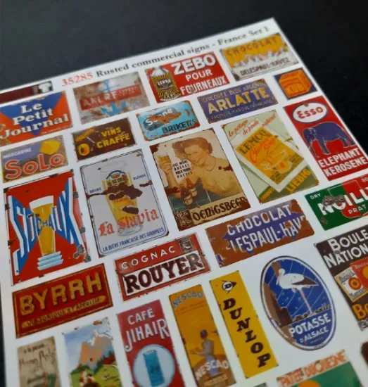 Picture of 1/35 Rusted Commercial Signs – France Set 1 – Sheet 10×14cm - Reality in Scale 35285