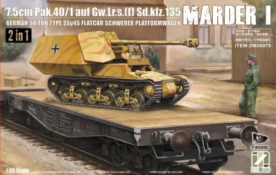 Picture of 1/35 Marder I 7.5cm Pak.40-1 auf Gw.Lr.s.f Sd.kfz.135 with German 50 Ton Type SSy45 Flatcar Schwerer Platformwagen 2 in 1 - Zimi Model ZM35075