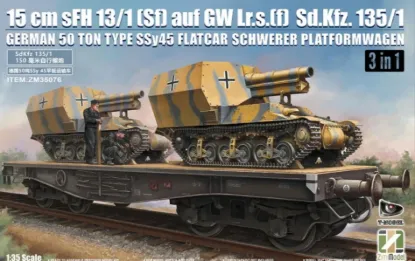 Picture of 1/35 15 cm sFH 13-1 Sfauf Gw Lrs.f Sd.Kfz.135-1 with German 50 Ton Type SSy45 Flatcar Schwerer Platformwagen 3 in 1 - Zimi Model ZM35076